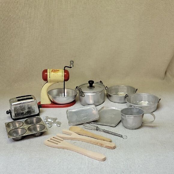 Vintage Toy Kitchen Set with Mixer, Toaster, Cookie Sheets, Muffin Pan, Pie Tins - Picture 1 of 12